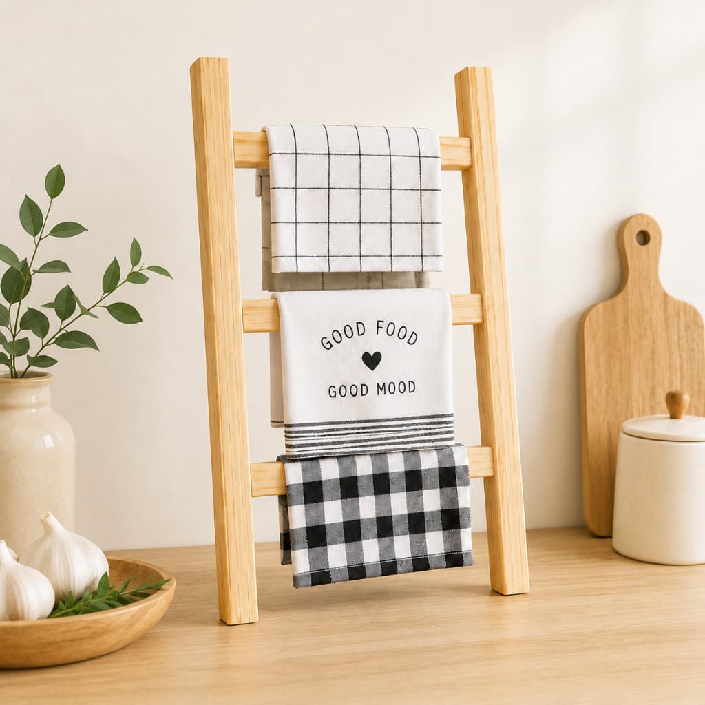 Escadinha Escada Suporte Porta Toalha de Madeira Pinus para Cozinha Banheiro Lavabo Pano de Prato Decoração Artesanal