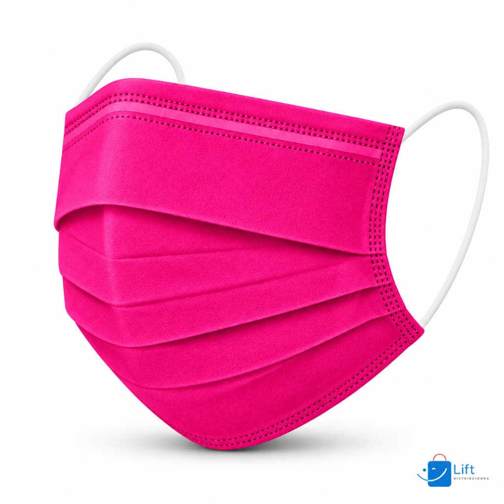 Kit 100 Máscaras Descartáveis Rosa Pink Tripla Camada Adulto com Clipe Nasal