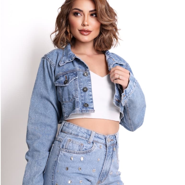 Jaqueta jeans super curta para garotas estilosas | Lavagem azul clara