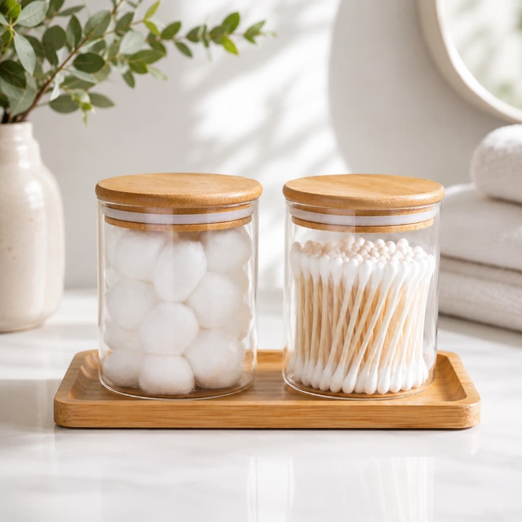 Kit 2 Potes De Vidro Com Tampa De Bambu organizador Porta Algodão E Cotonete 300ml Alta Vedação