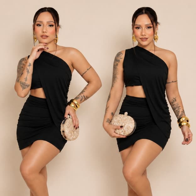 Vestido Feminino Conjunto Ombro Só Drapeado Transpassado Suplex  P ao G1 Moda Gringa Elegante