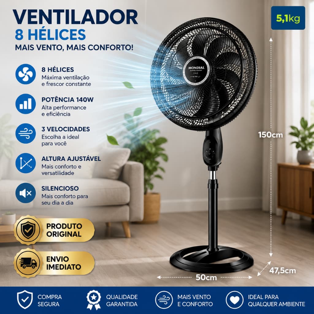Ventilador de Coluna Mondial Super Turbo Tech 40cm 8 Pás 140W 220V Preto/Prata - VTX-40C-8P-CR