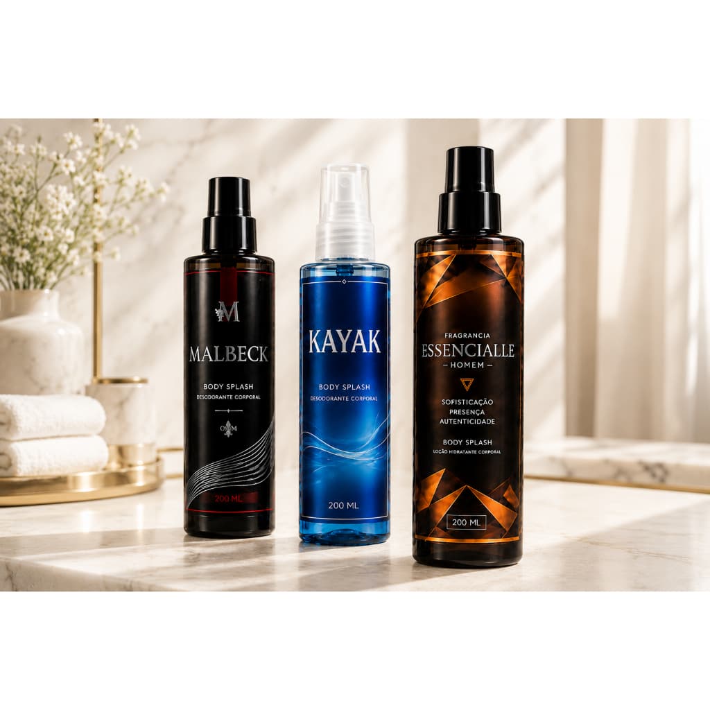 Kit 3 Body Splash Masculino Essencialle + Kayak + Malbec 200ml - Perfume Corporal