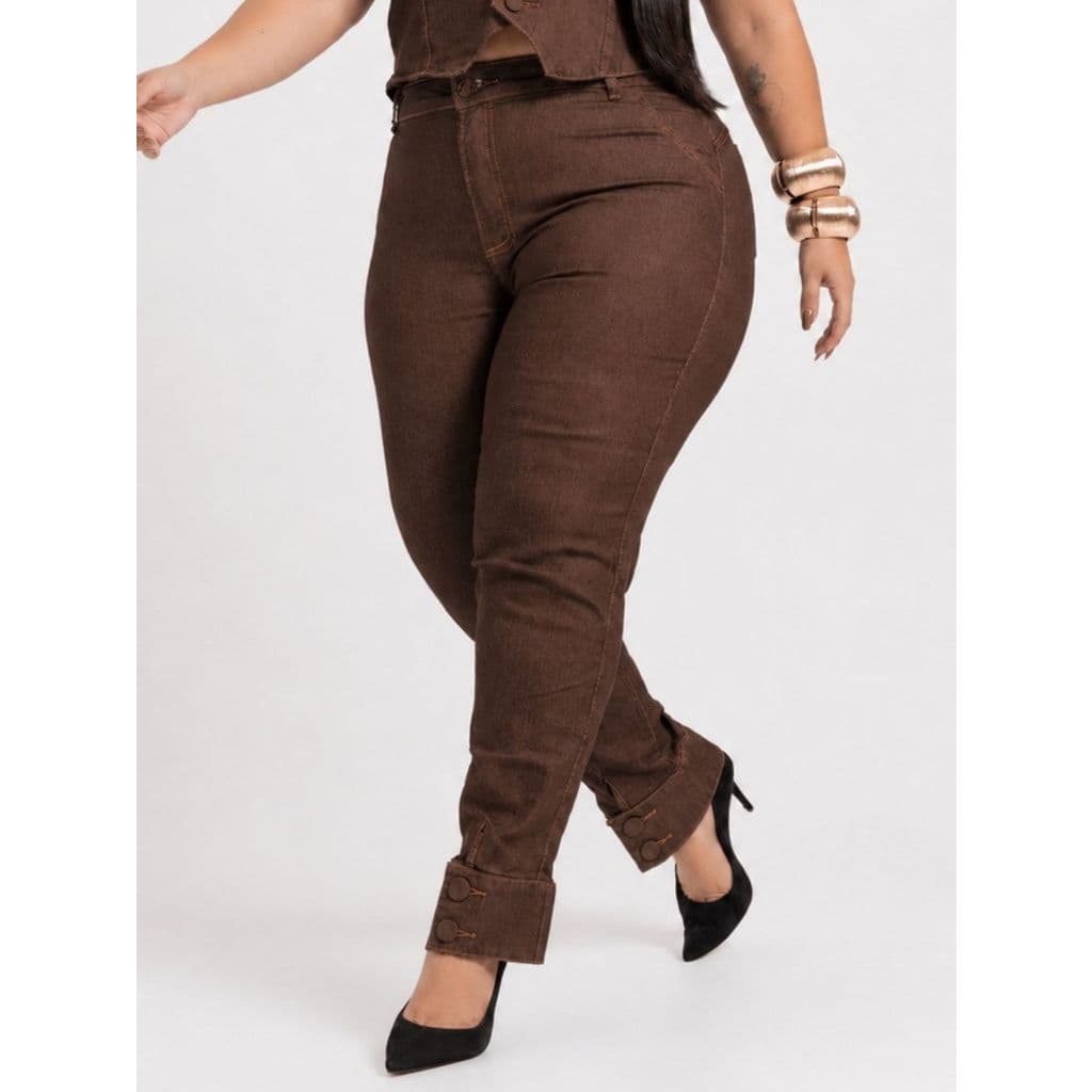 Calça Jeans Plus Size Feminina Cintura Alta com Botões Lycra