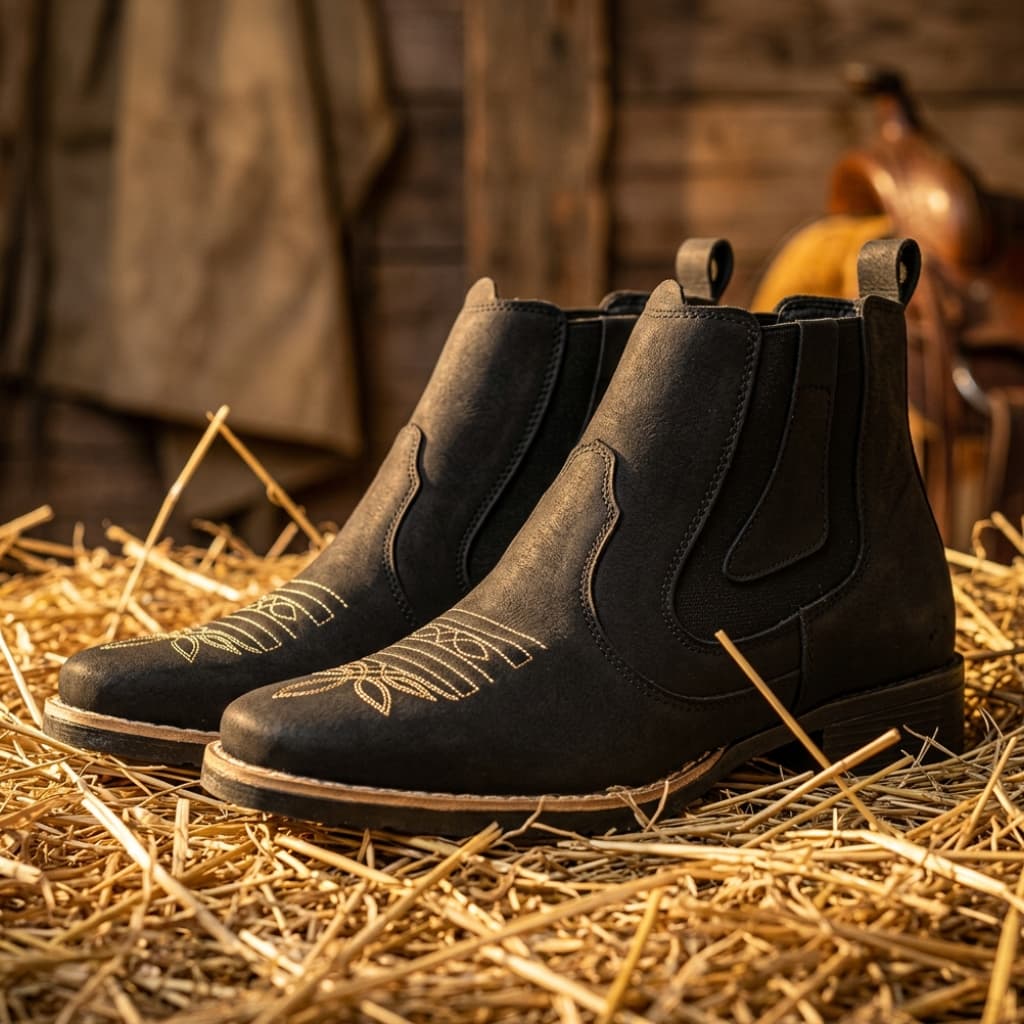 Bota Botina Country Masculina Preta Cano Curto Confortável Casual em Couro Sintético