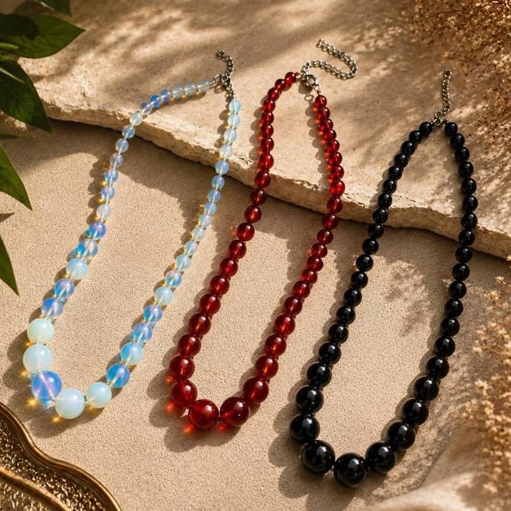 Kit 3 Colares Esferas Degradê Clássico – Vermelho, Opalino e Azul Escuro