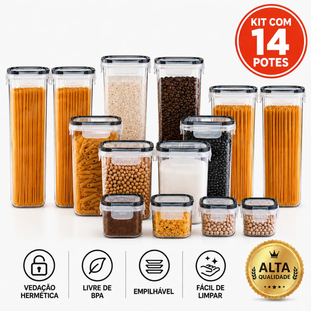 Kit 14 Potes Herméticos Quadrados Empilháveis Organizador Mantimentos Cozinha Despens Vedação Resistente