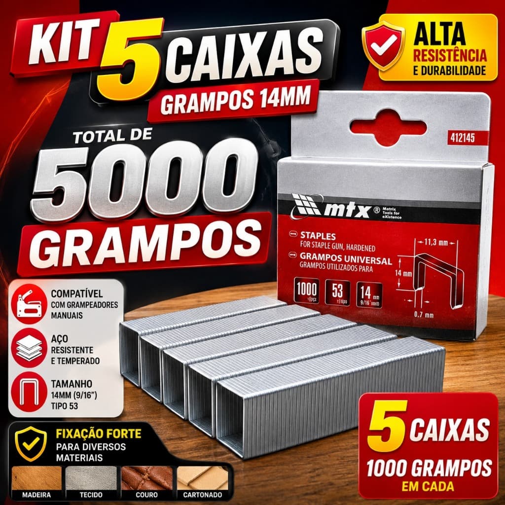 Kit 5 Caixas Grampos 14mm Tipo 53 MTX – 5.000 Unidades Aço Temperado