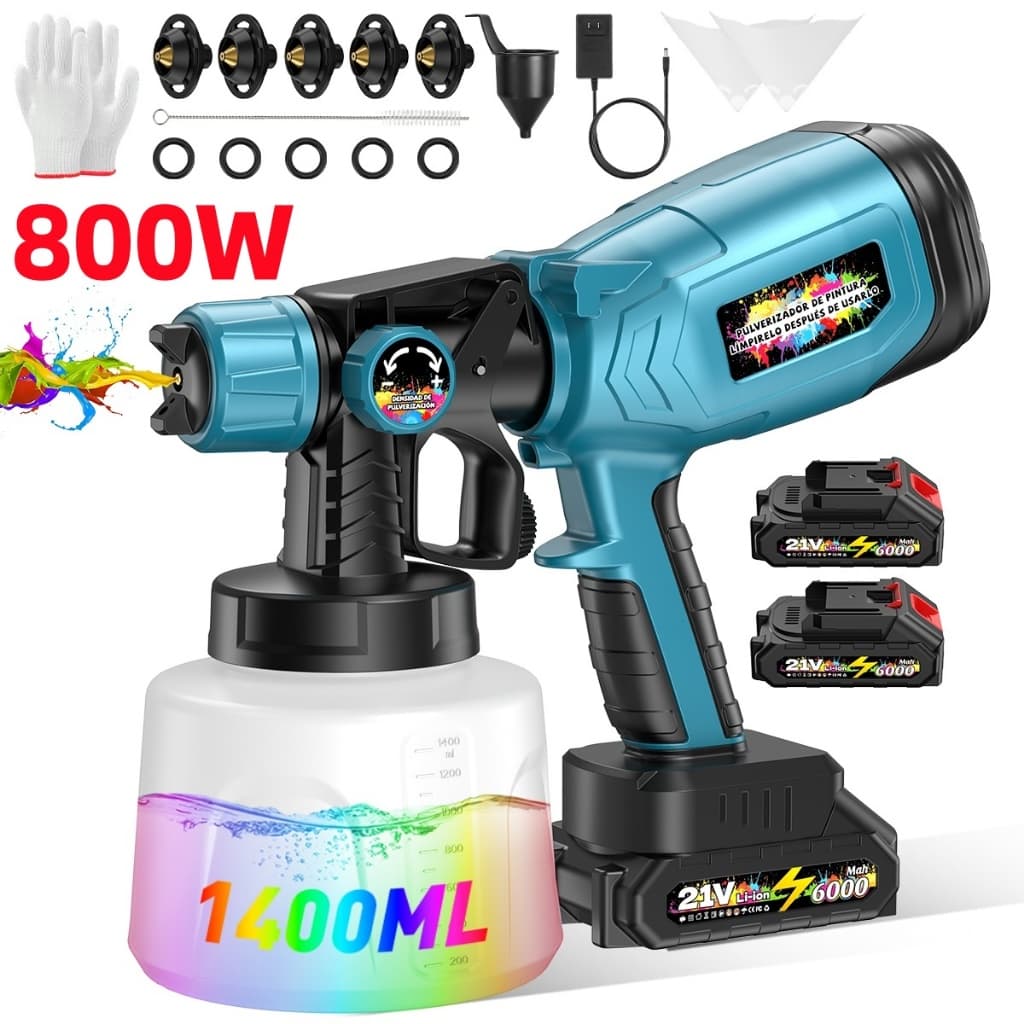 Rechargeable Paint Gun 2 Batteries 21v Professional Paint Sprayer 1400ml 800W