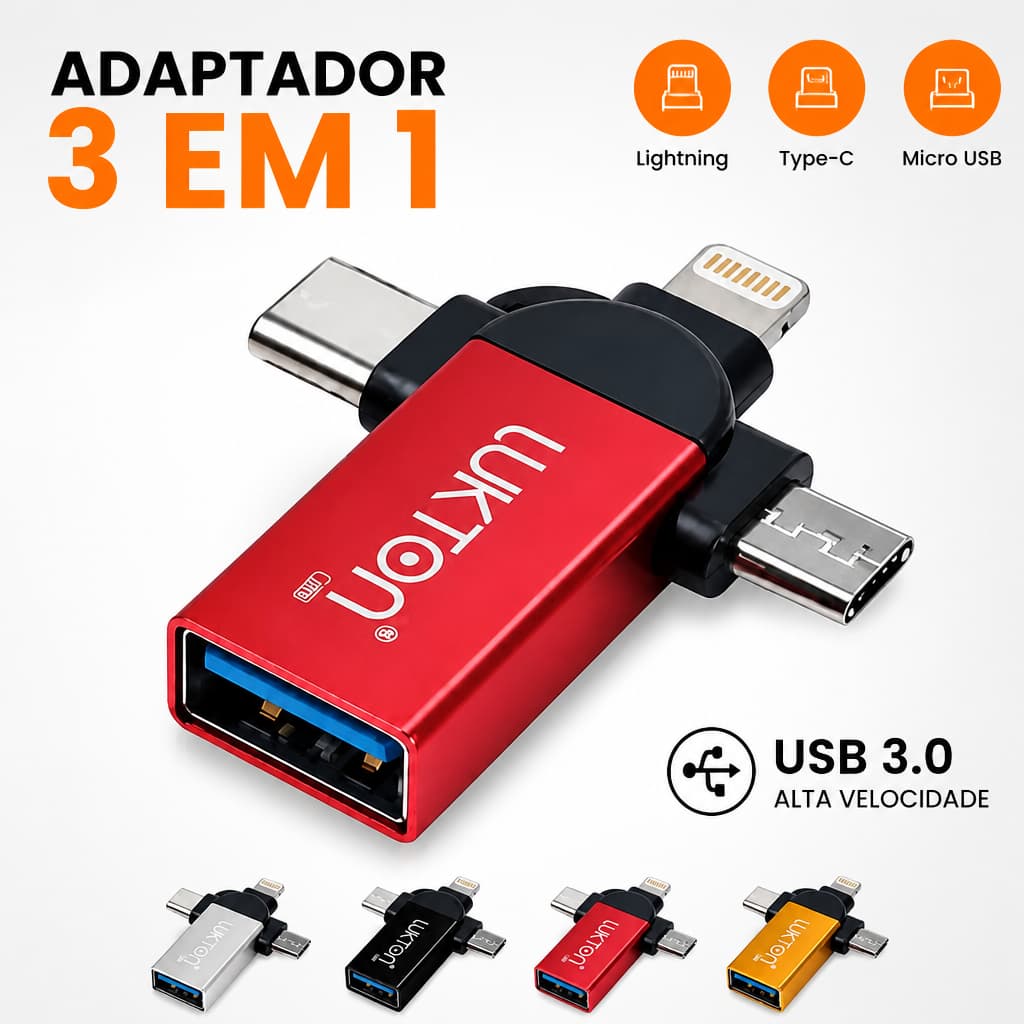 Adaptador OTG 3 em 1 USB Lightning Tipo C Micro USB Multifuncional Portátil Compatível com Celulares