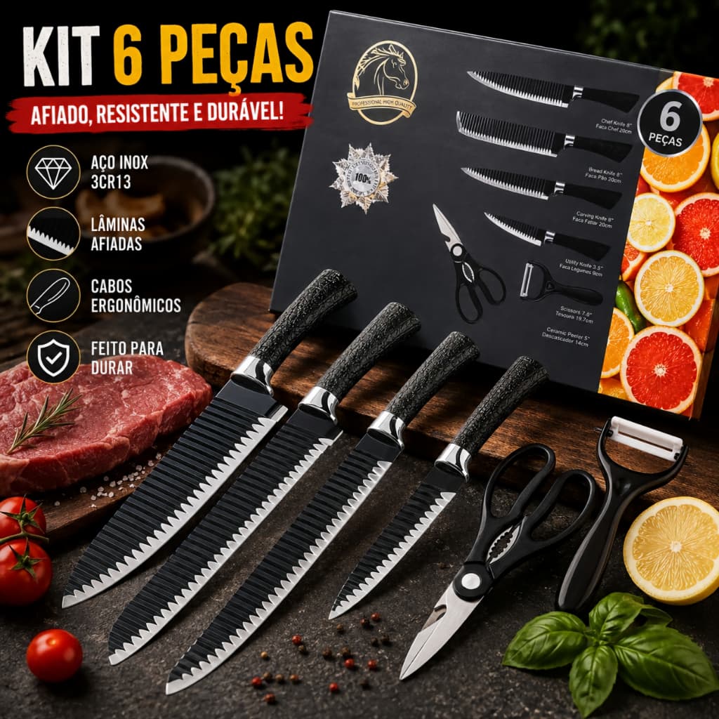 Jogo de Facas 6 Peças para Cozinha em Aço Inox 3CR13 com Tesoura e Descascador Cerâmico Preto