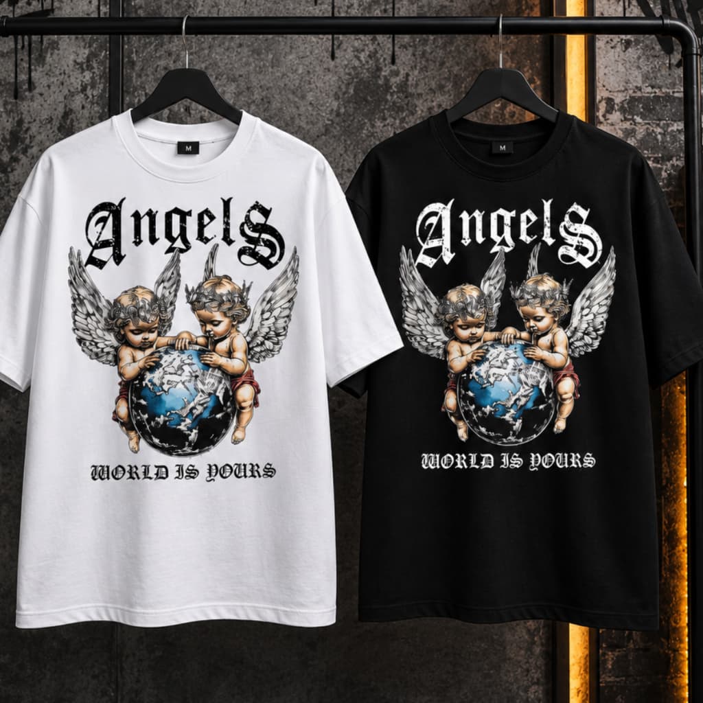02 Camiseta Streetwear Angels World Is Yours Gótica Oversized Unissex Premium Moda Urbana