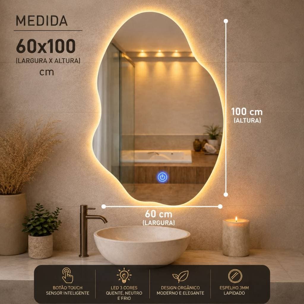 ESPELHO ORGANICO 60X100 LED BOTÃO TOUCH ESPELHO DECORATIVO PARA SALA BANHEIRO MODELO PINTEREST BLOGUEIRA