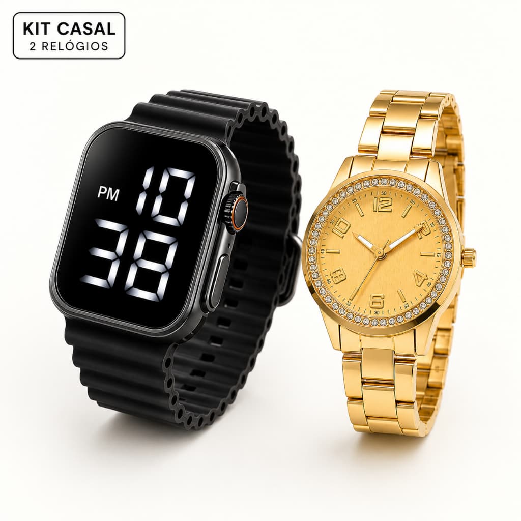 Kit Relógio Casal Presente Namorados Ele e Ela Masculino LED Digital + Feminino Dourado 2 Peças Aniversário