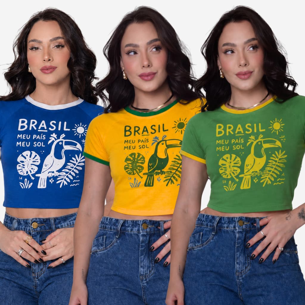 Kit 2 Camisetas Baby Look Cropped Feminino Tucano Brasil Estampa Tropical Rio de Janeiro Verão Meu País Meu Sol Praia