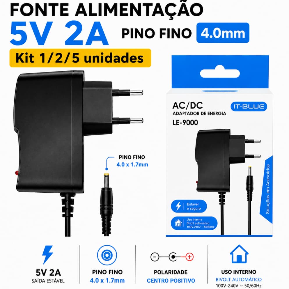 Fonte Alimentação 5V 2A Caixa de Som Pino Fino 4.0mm Bivolt