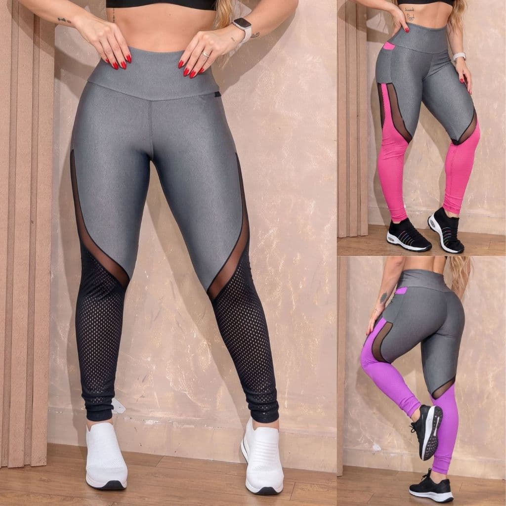 Legging Fitness Suplex com Bolsos Recortes em Tule e Tela Poliamida para Academia - Promoção