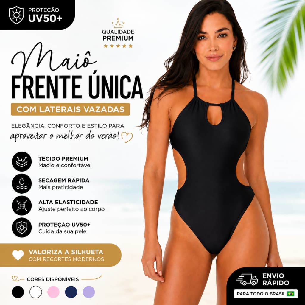 Maiô Feminino Frente Única Decote Gota Proteção UV50+ Moda Praia Suplex Premium Liso