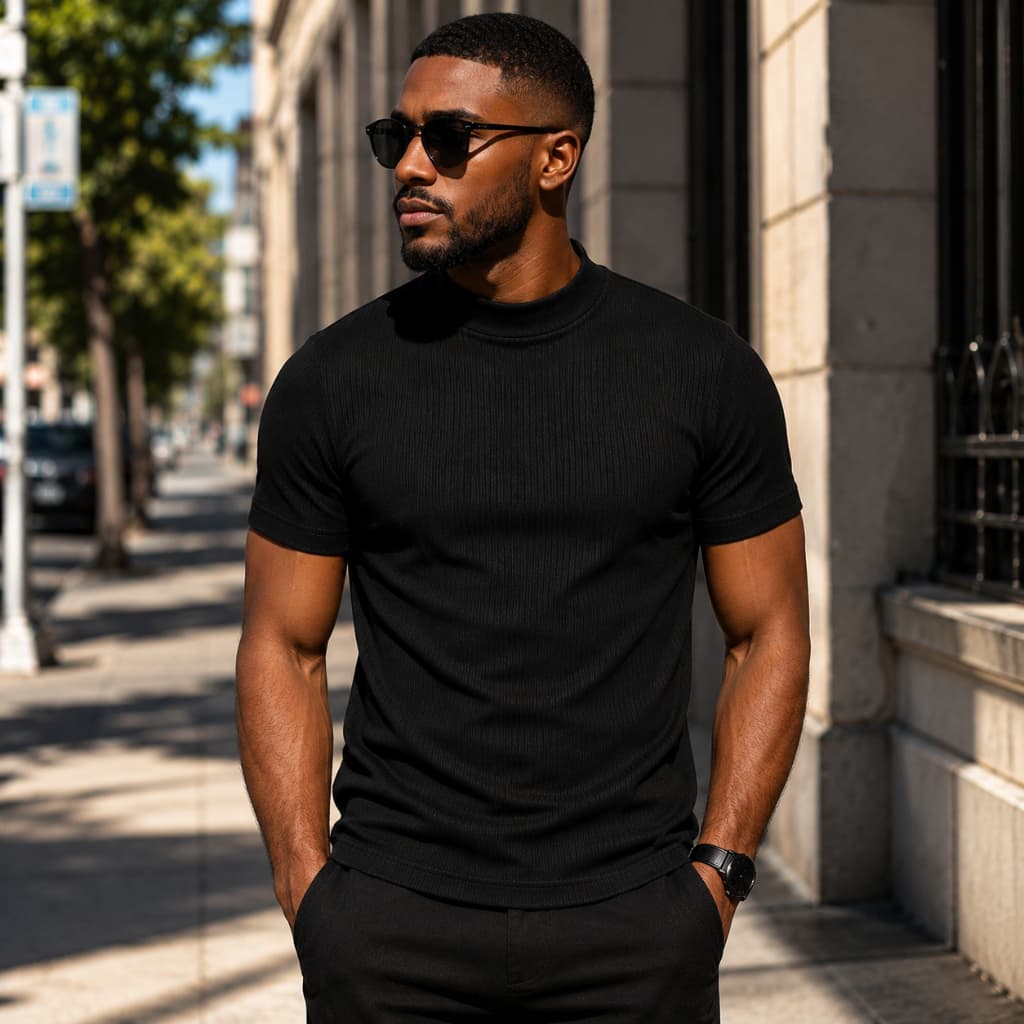 Camiseta Masculina Canelada Gola Fechada Manga Curta Casual Slim Caimento Moderno