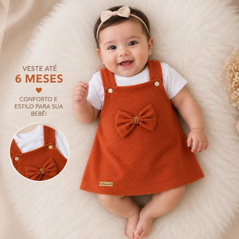 Vestido Jardineira Bebê Menina com Blusinha 100% Algodão Conjunto Infantil Veste até 6 Meses