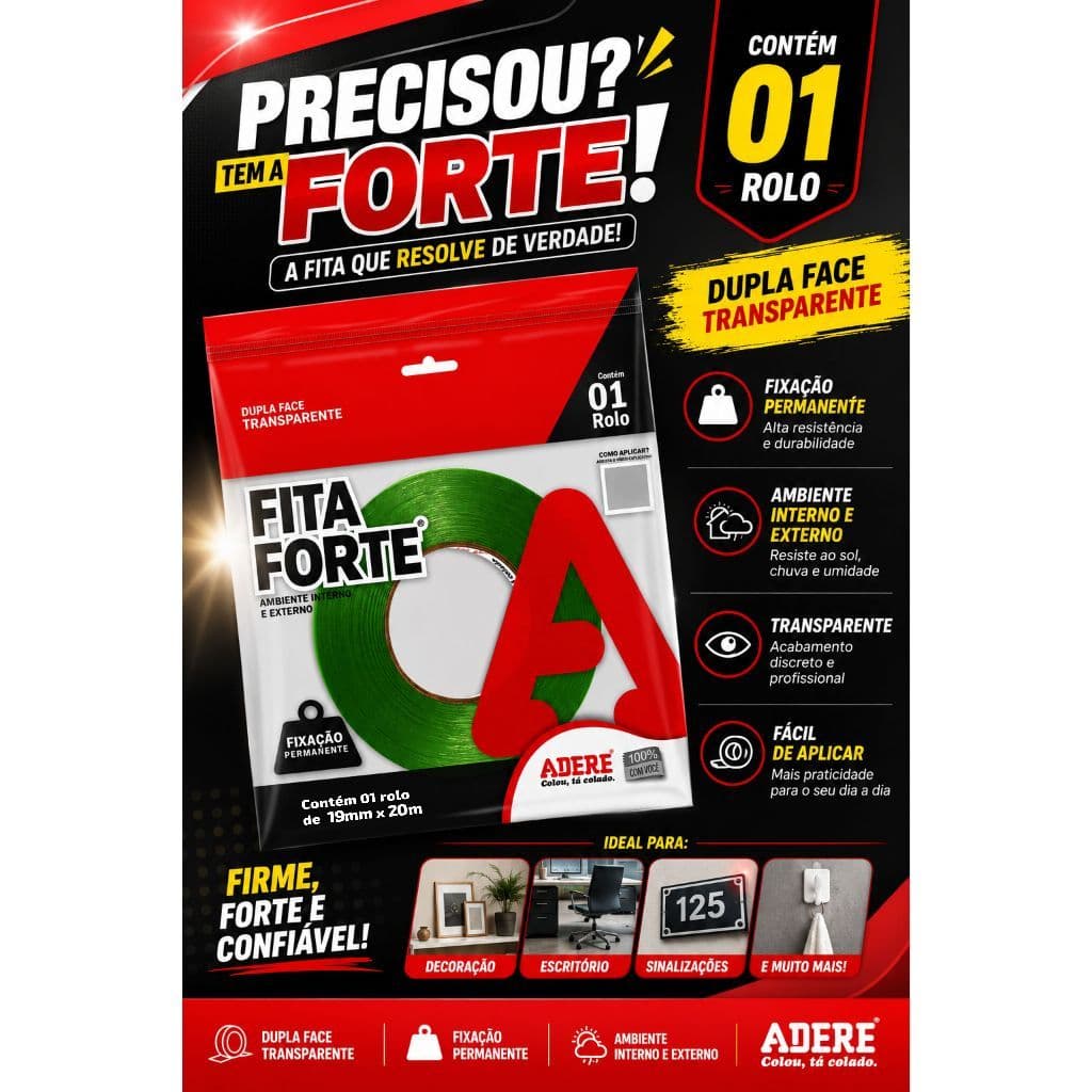 Fita Forte Dupla Face Transparente Adere 19mm x 20m