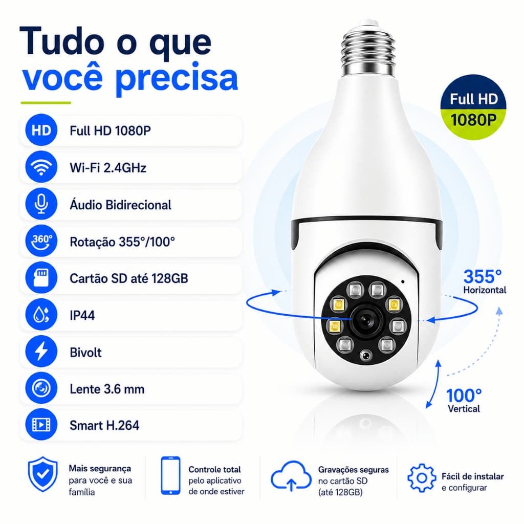Câmera Lâmpada de Segurança Vigilância IP Wi-Fi 360