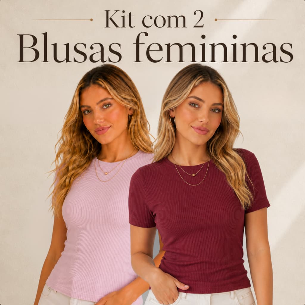 Kit 2 Blusa Feminina Canelada Manga Curta Tecido Premium Moda Gringa Basica Camiseta T-Shirt Estilosa Canelado Baby Tee