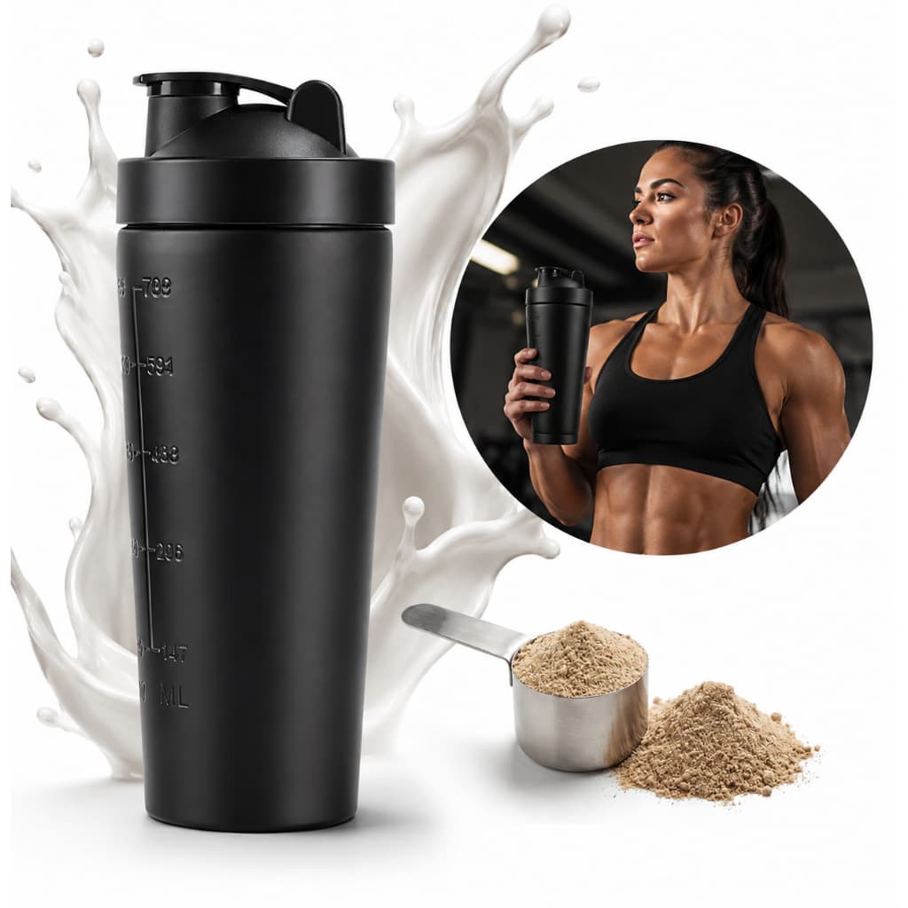 Coqueteleira Shakeira Preta Whey Protein Suplementos Academia Inox Hidratação Shakeira com misturador Resistente 900ML