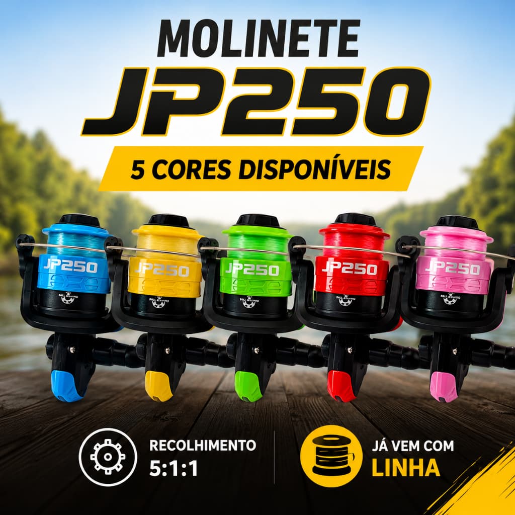 Molinete De Pesca Com Linha JP250 Corpo Nylon 5.1:1 Carretel Abastecido Pesca Rio Lago Pesqueiro