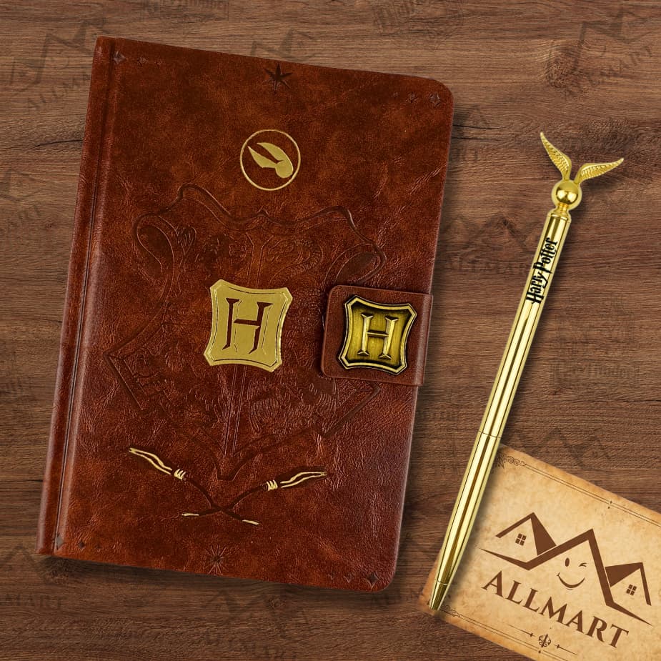 Kit Caderno Harry Potter A5 110 Folhas + Caneta Pomo de Ouro | Diário Vintage Capa Dura