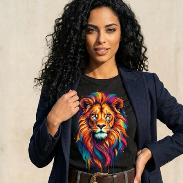 camiseta feminina do leão estampada em DTF colorida 100% algodão com elastano leve e confortável.