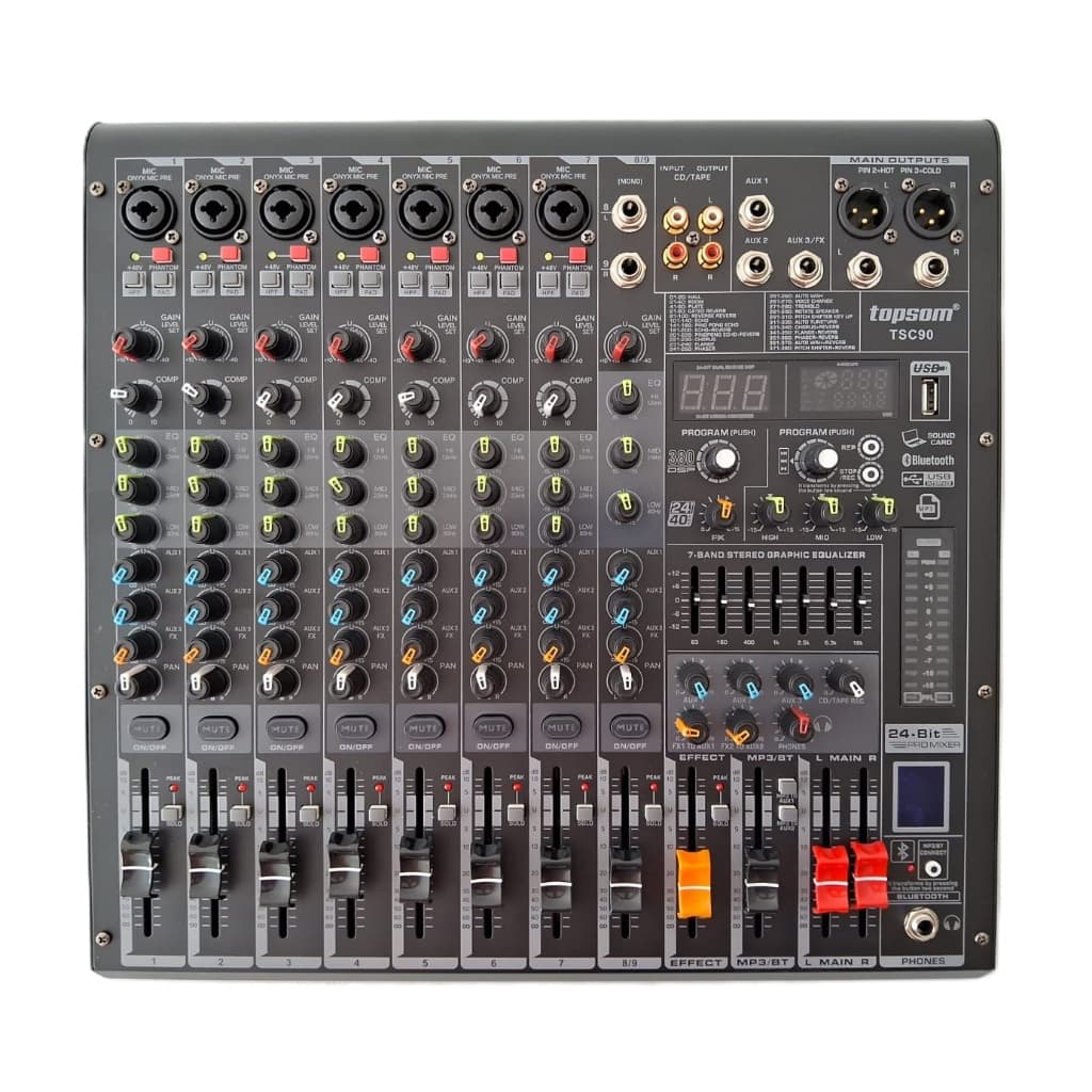 MESA DE SOM 9 CANAIS C/ COMPRESSOR 3 AUX. 380 EFEITOS BOTÃO MUTE TOPSOM TSC-90