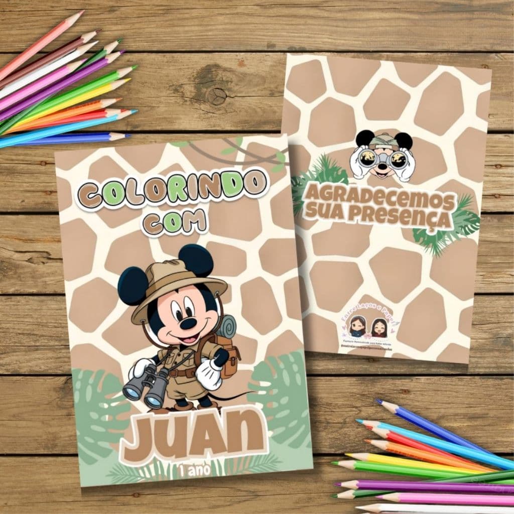 Lembrancinha Mickey safari | Livrinho para Colorir Personalizado | Festa Infantil / Revista infantil