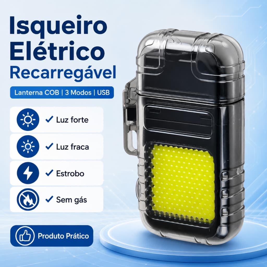 Isqueiro Elétrico USB Recarregável Com Lanterna COB 3 Modos Sem Gás Portátil Chaveiro 2 Em 1
