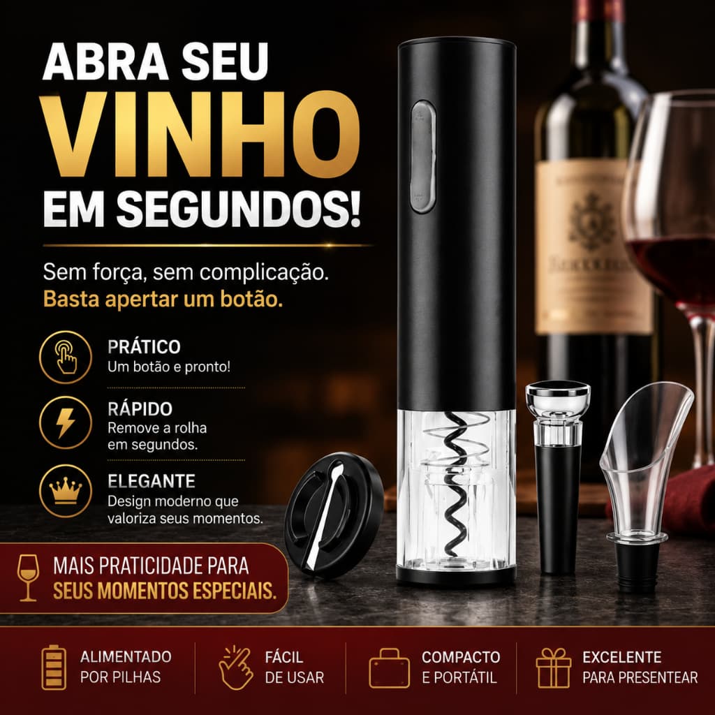 Abridor de Vinho Elétrico Automático a Pilhas Saca Rolhas com Kit Removedor de Lacre Derramador e Tampa