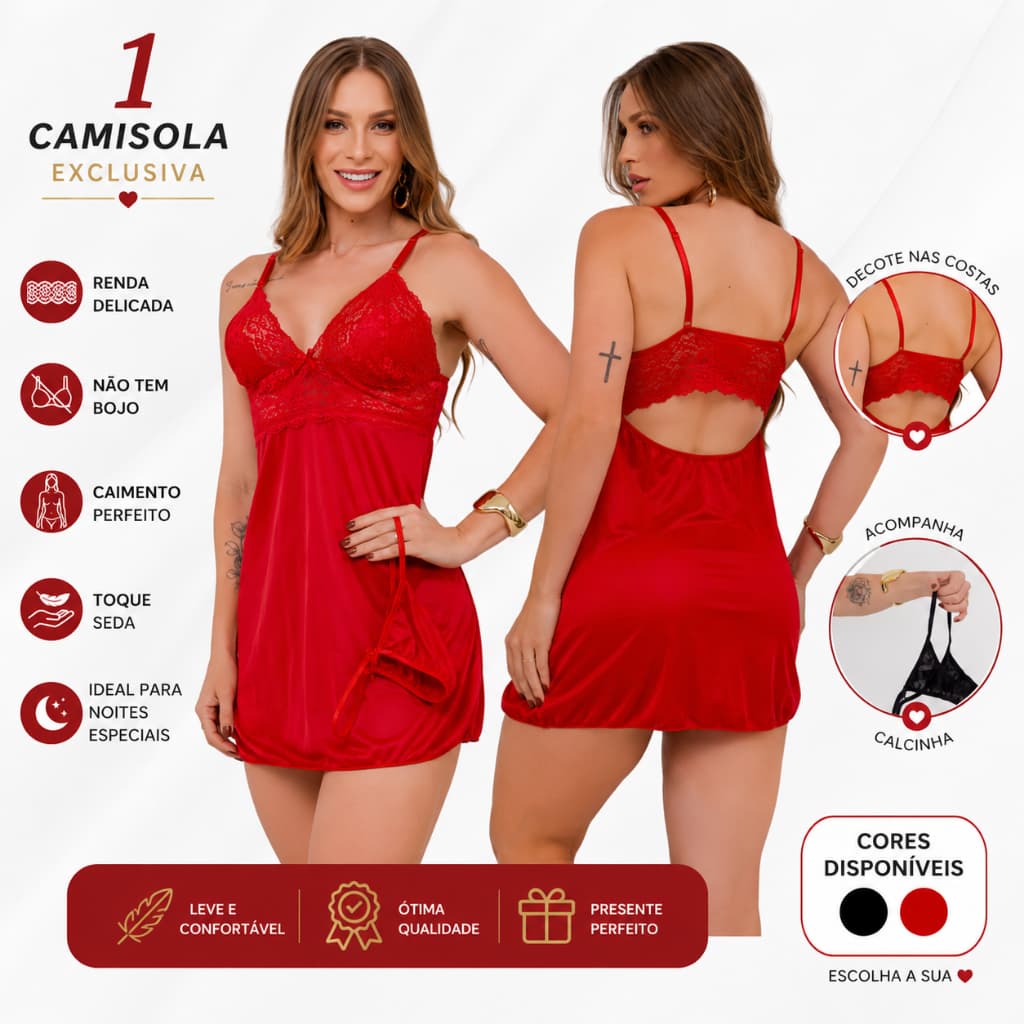 Camisola Feminina Sensual + Calcinha Fio Pijama Renda Luxo Roupa Para Dormir Baby Doll