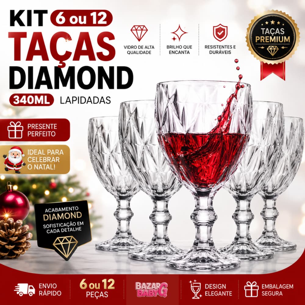 Jogo de 6 ou 12 Taças Diamond 340ml Vidro Transparente Premium Lapidado Água Vinho Mesa Posta