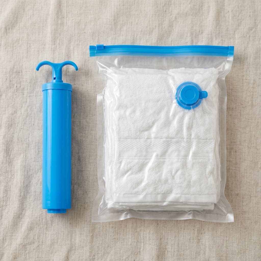 Kit Sacos de Vácuo com Bomba Manual | Organizador Roupas, Economiza Espaço, Reutilizável para Guarda-Roupa e Viagem
