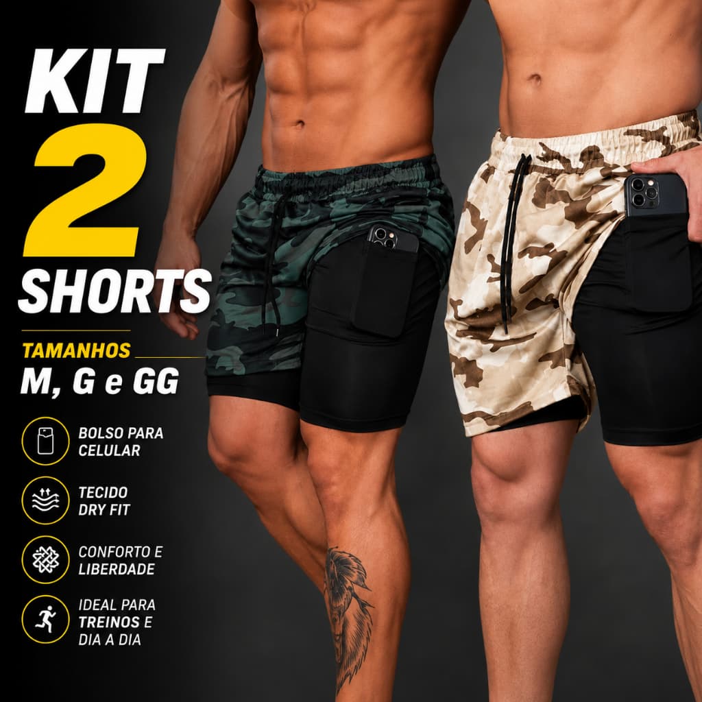Kit Com 2 Shorts Duplo Camuflado Bermuda Treino Academia Apex Esportivo C/Bolso Interno