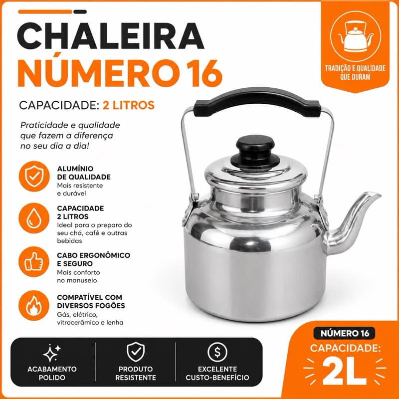 Chaleira Alumínio Nº 16 2 Litros Polida Resistente Cabo Reforçado Para Café Chá Cozinha