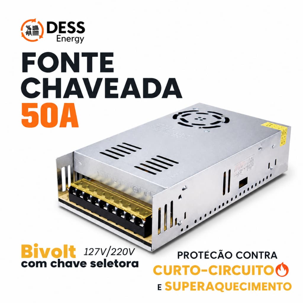 Fonte Chaveada 600W 12V 50A Bivolt Conversor AC/DC Para LED CFTV Som Automotivo