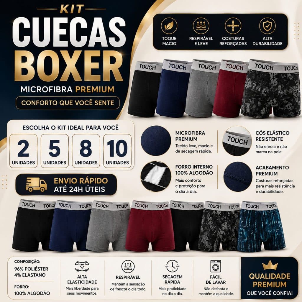 Kit Cuecas Boxer Masculina 2 5 8 10 Peças Microfibra Premium Adulto Forro 100% Algodão
