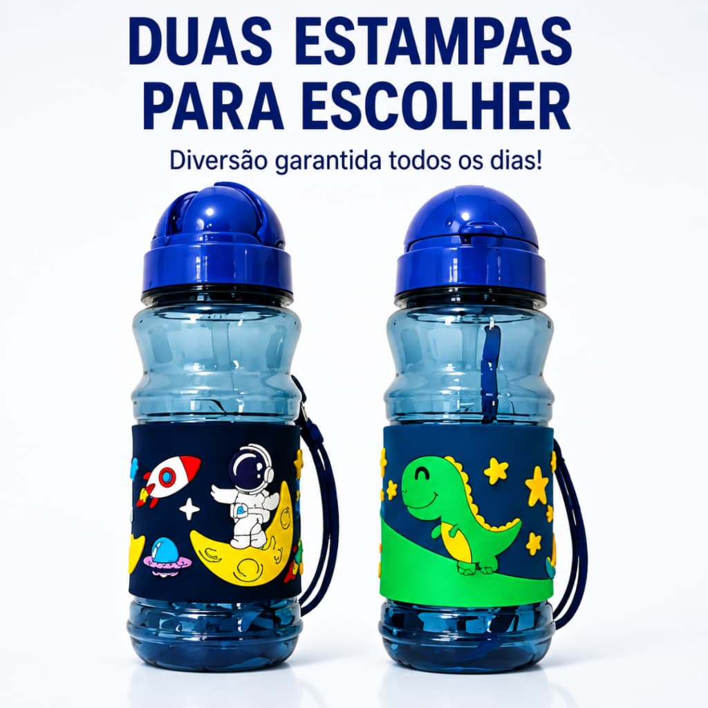 Garrafinha Squeeze Infantil menino 3D Emborrachada 380ml Canudo Silicone Tampa Flip Cordão Escola