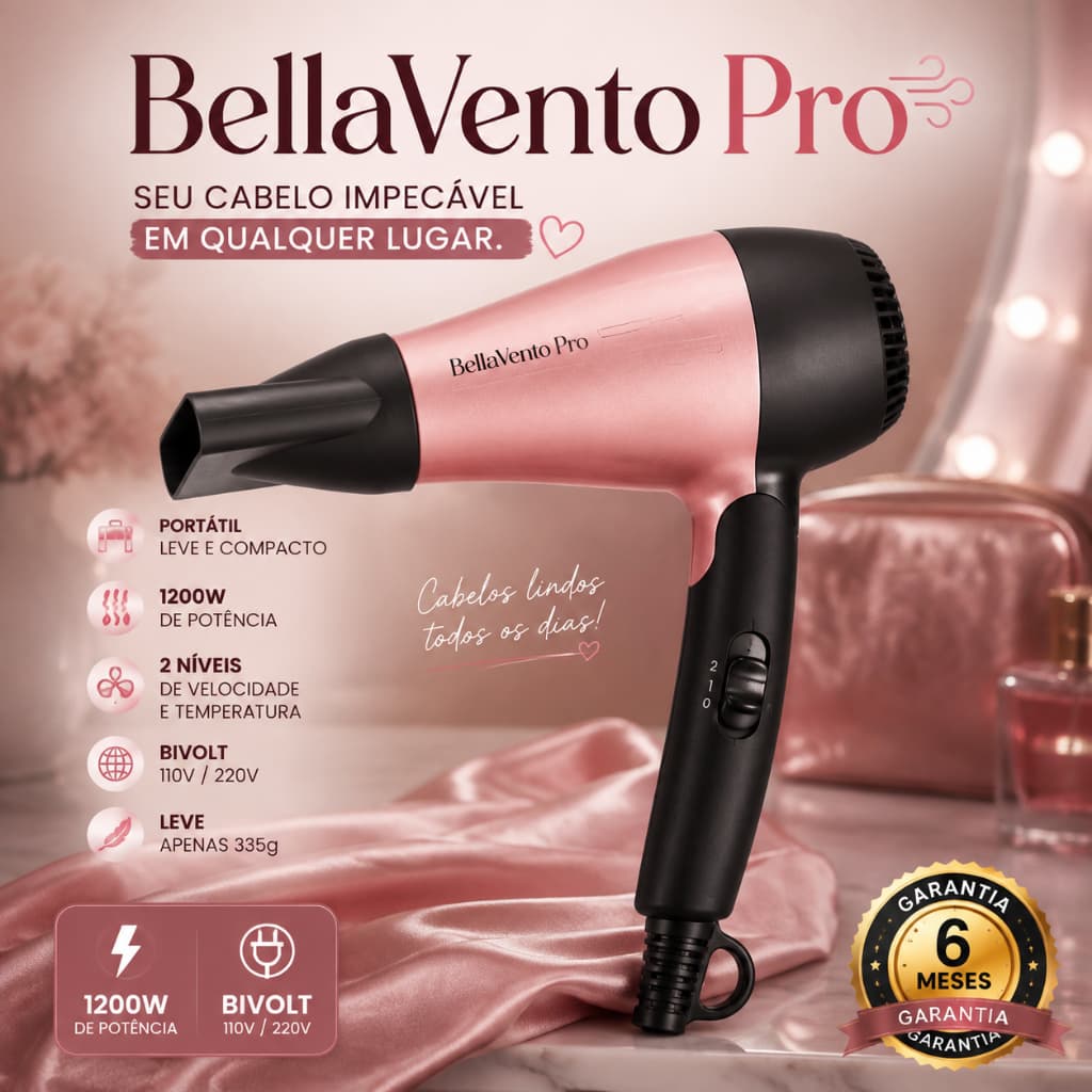 Secador de Cabelo Portátil BellaVento Pro 1200W Bivolt Rosa Compacto Leve Para Viagem