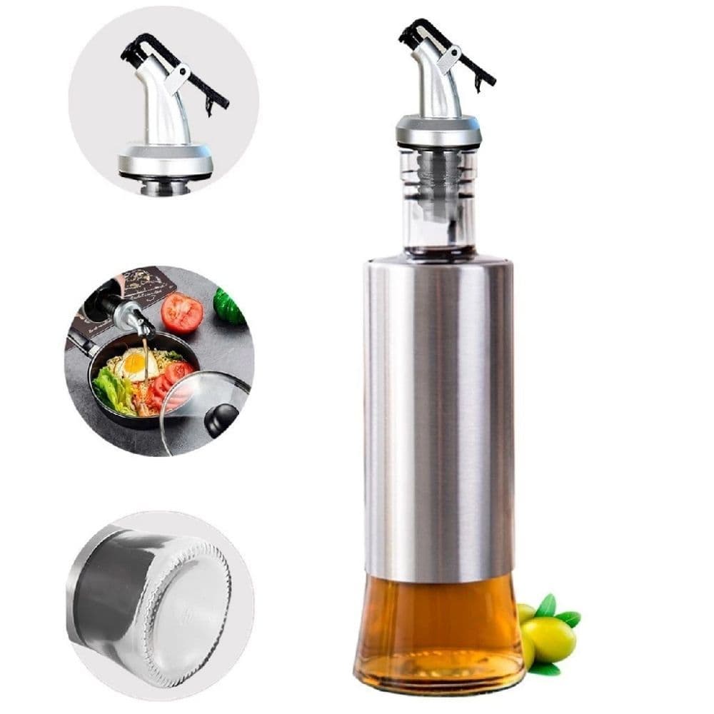 Galheteiro Dispenser Porta Azeite Vidro Inox 300ml Vinagre Shoyu Óleo Temperos Tampa Bico Dosador