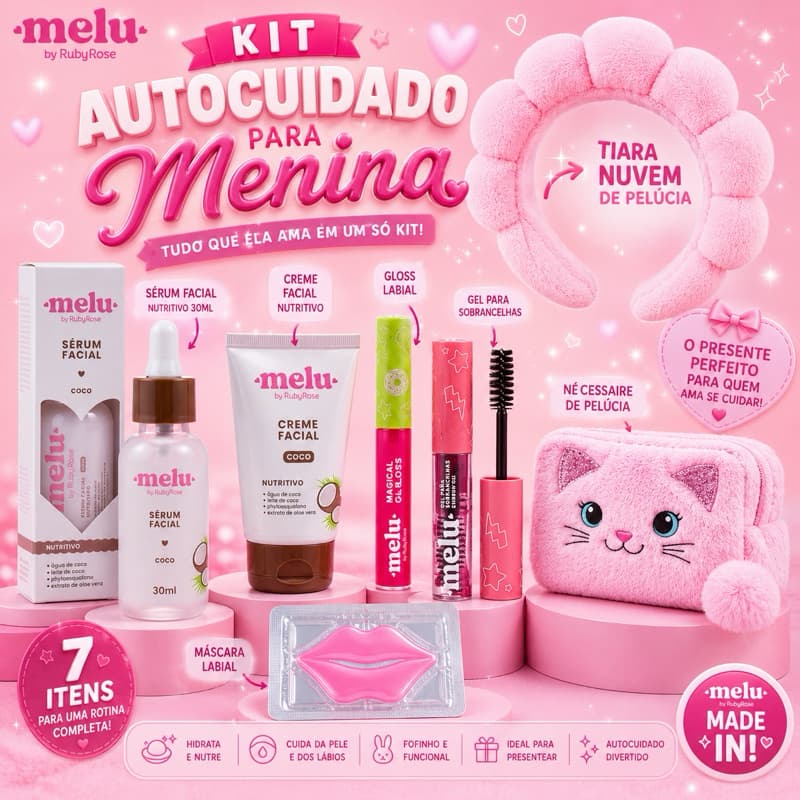 Kit Skincare Infantil Completo Melu Melancia – Sérum + Espuma Facial + Hidratante Labial + Tiara Nuvem Presente Menina