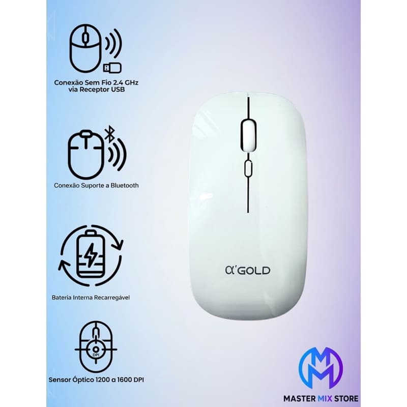 Mouse sem Fio Óptico A’Gold MS-02L Wireless Branco - Bateria Interna Recarregavel Via USB