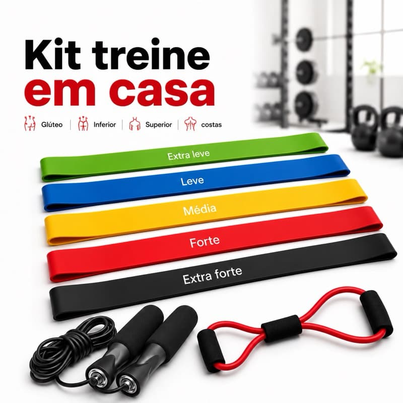 Kit Treine Em Casa Funcional Completo 5 Faixas Mini Band + Elástico Extensor Cross + Corda de pular