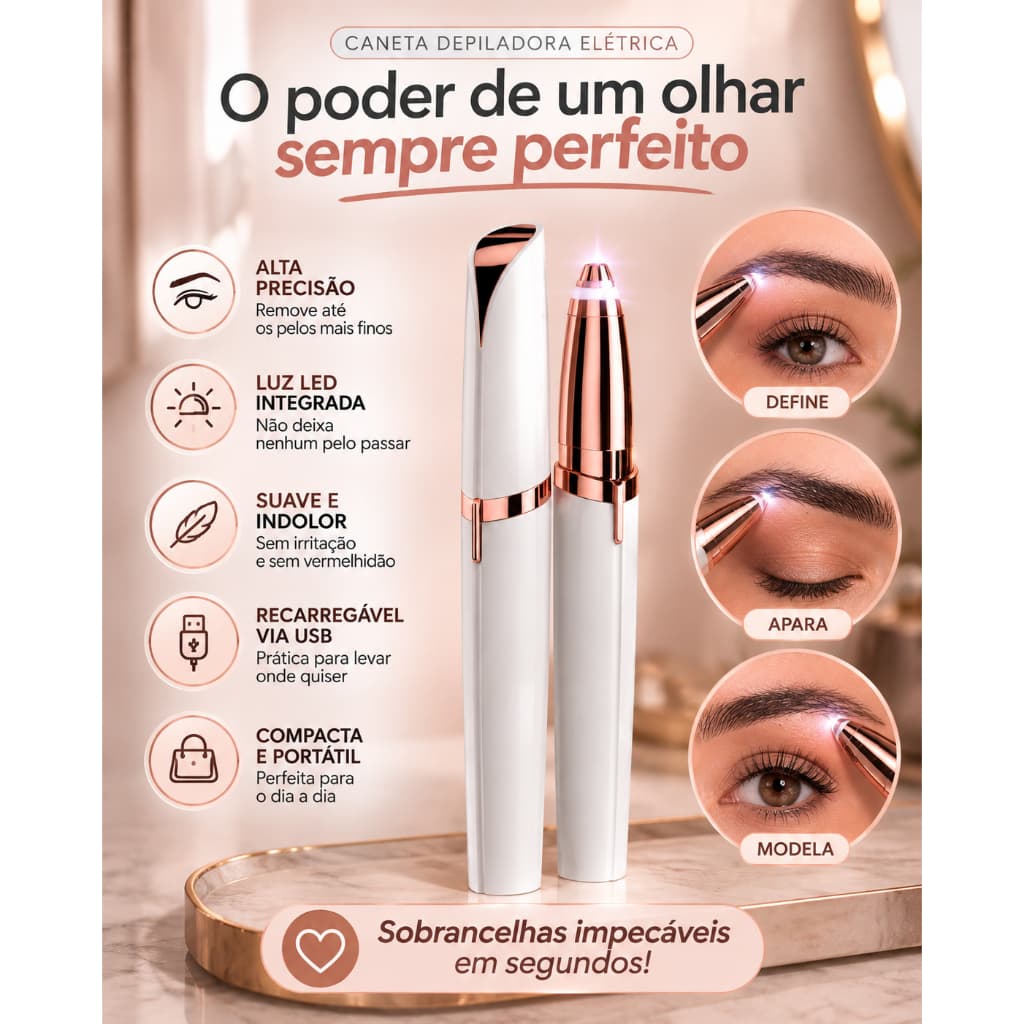 Caneta Depiladora de Sobrancelha Elétrica USB Recarregável com LED Aparador Facial Portátil Indolor