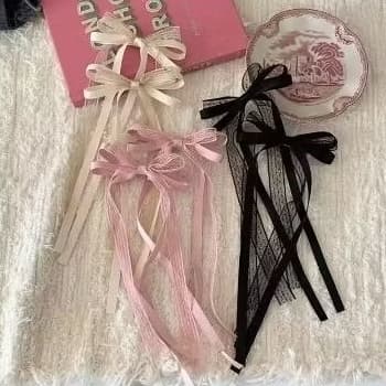 Laço de Cabelo com Fitas Longas Kawaii Coquette Vintage Lolita Presilha Feminina Delicada renda coquette cetim cute fem